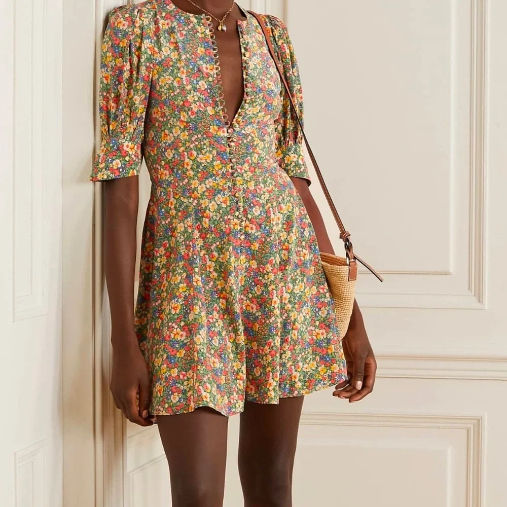 EUC DOEN CERESE MINI DRESS IN GREEN VALLEY FLORAL 100% silk sz L - Picture 5 of 6